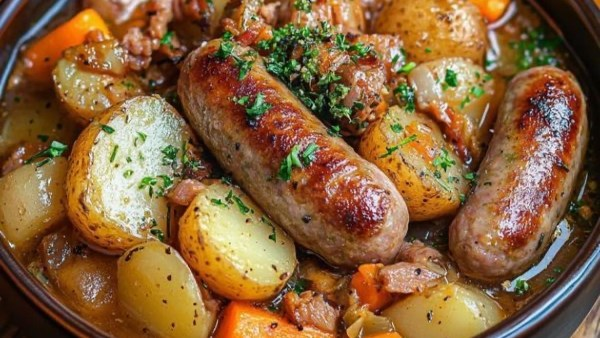 طاجن سجق بالبطاطس والجزر بنكهة بلدى