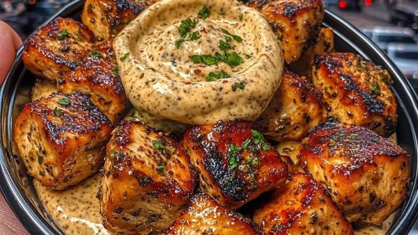 طبق جانبي للعزومات: مكعبات دجاج بزبدة وثوم مع صوص فلفل كريمي